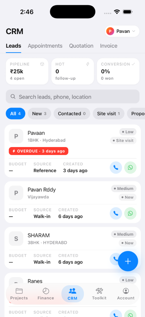 InteriorOS CRM tab on Android