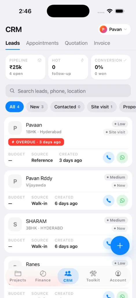 Interior IO CRM tab on iPhone