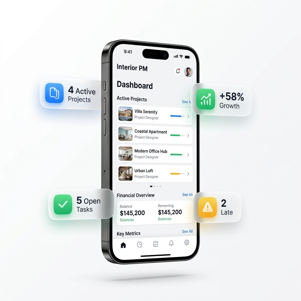InteriorOS Mobile App — Projects and Attendance on iPhone