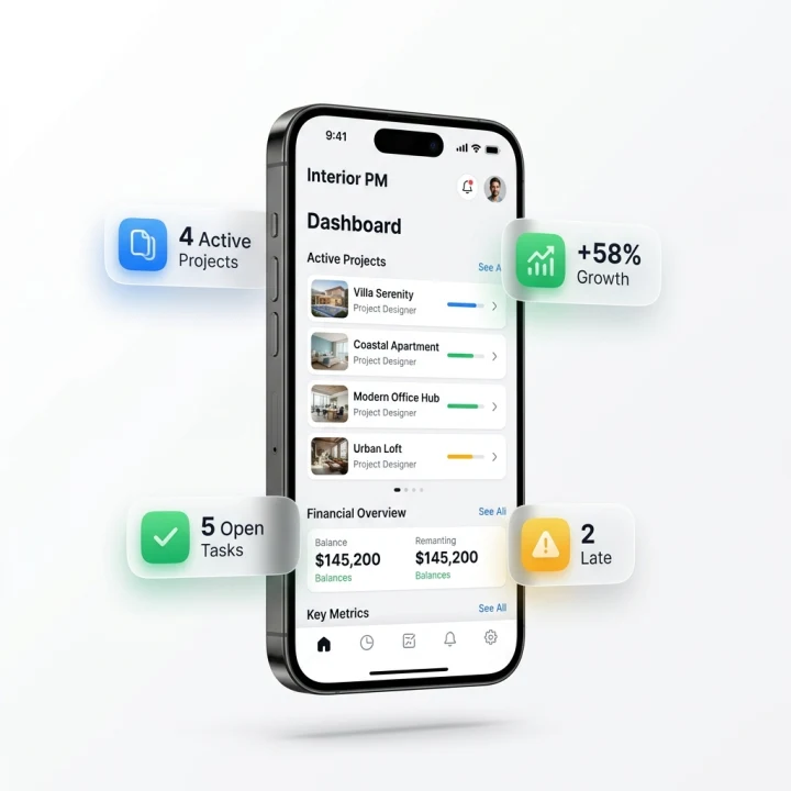 Interior IO Mobile App — Projects and Attendance on iPhone