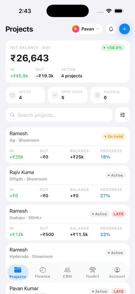 InteriorOS Projects tab on Android