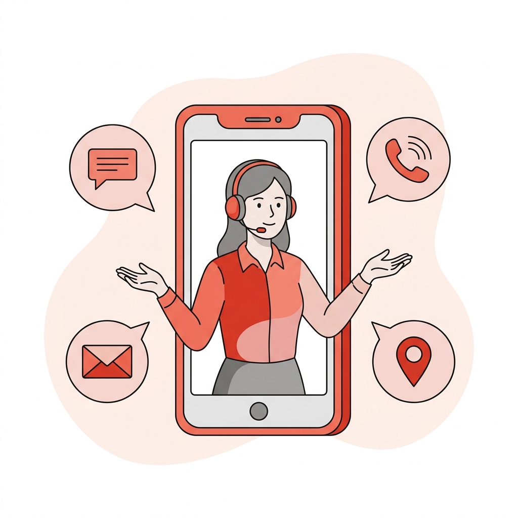 Support representative on a phone with chat, email, call, and location icons