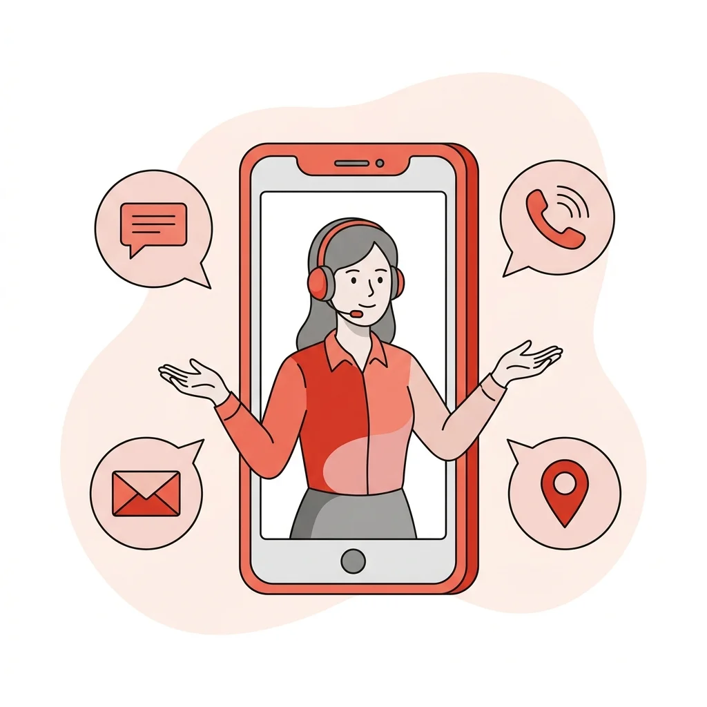 Support representative on a phone with chat, email, call, and location icons
