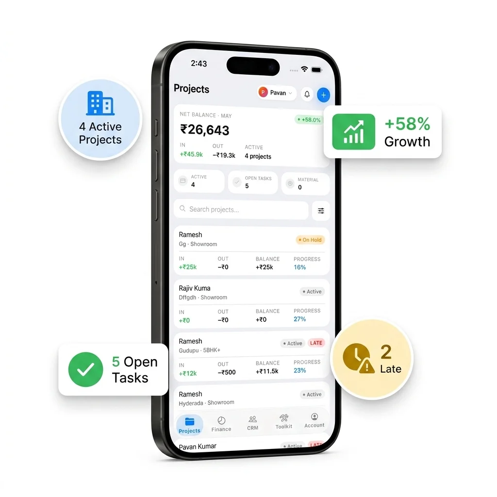 Interior IO Projects dashboard with milestones, DPR, and attendance