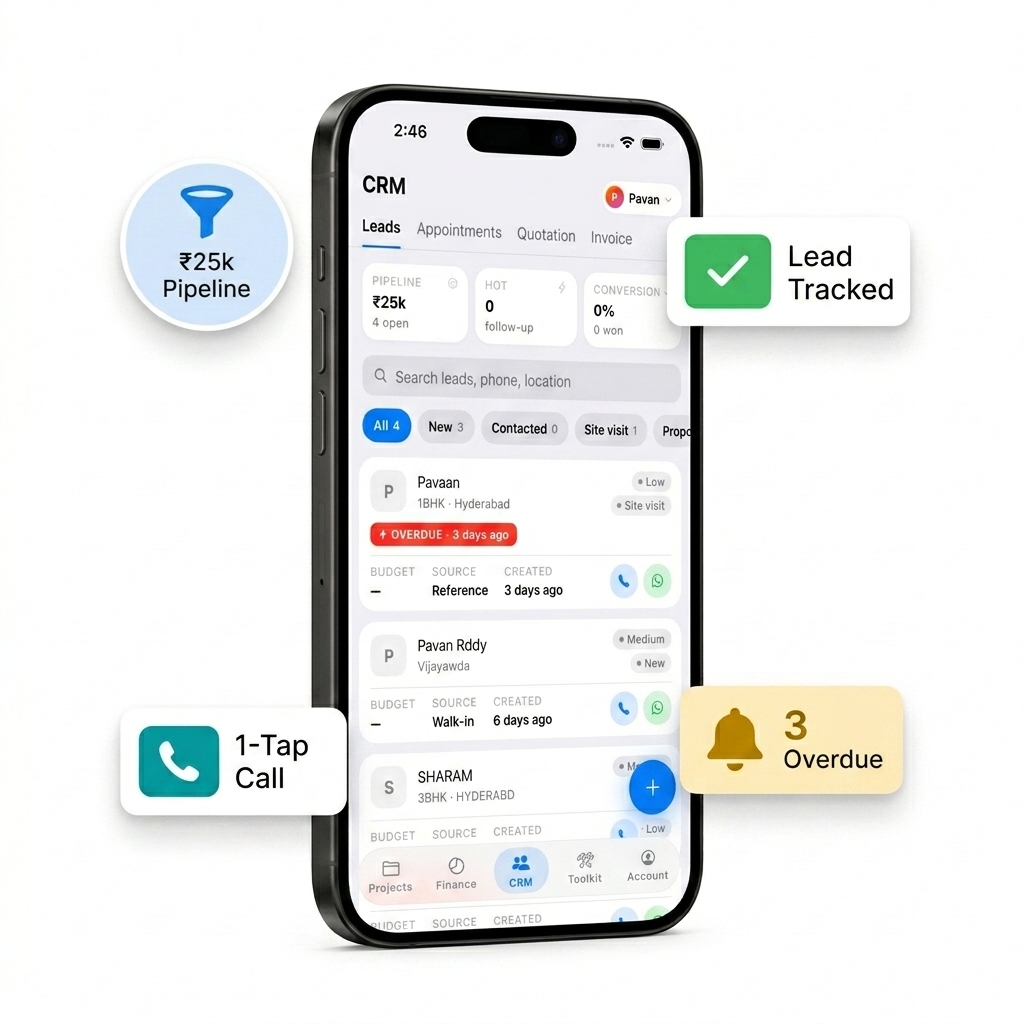 InteriorOS CRM with lead tracking, pipeline value, and overdue alerts