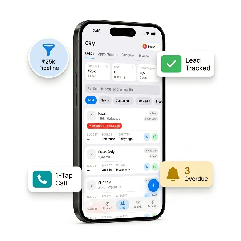 Interior IO CRM with lead tracking, pipeline value, and overdue alerts