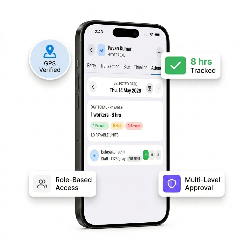 InteriorOS team management with GPS attendance and multi-level approvals