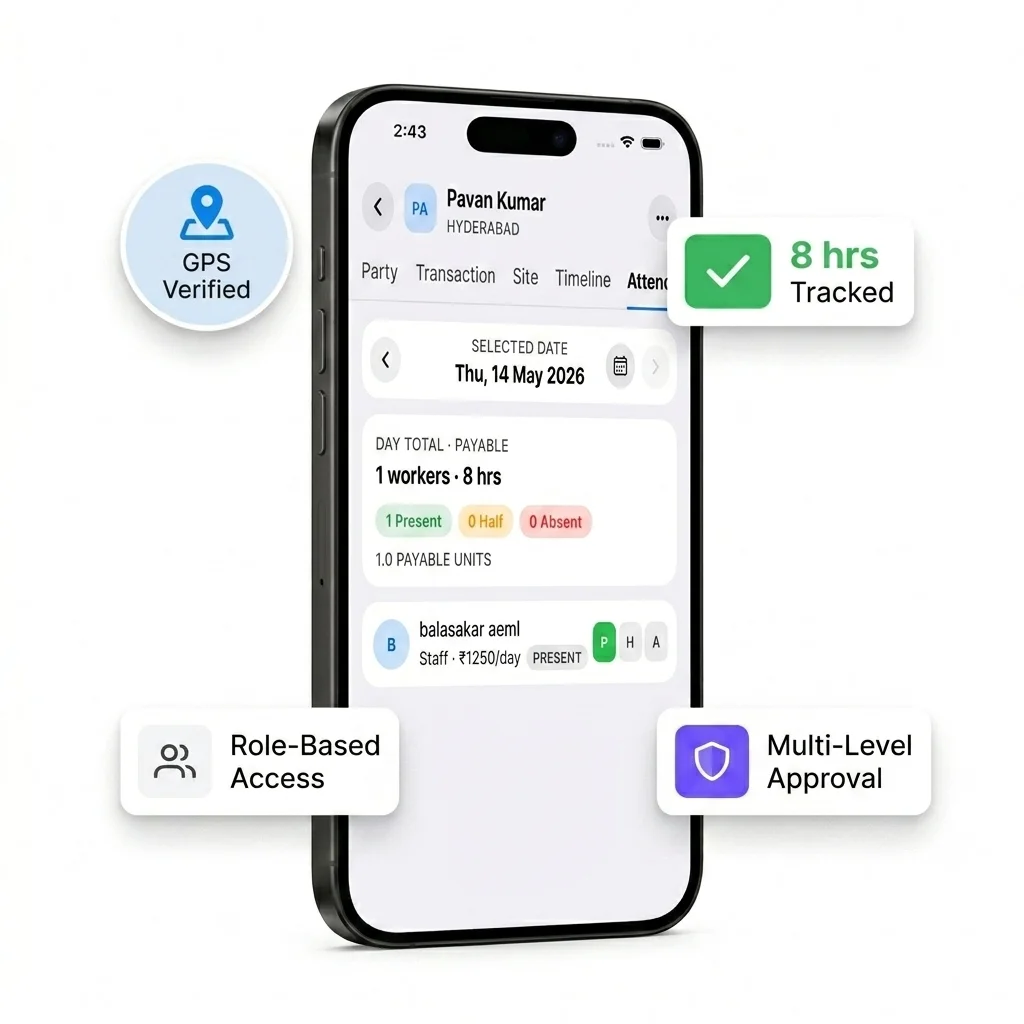 Interior IO team management with GPS attendance and multi-level approvals