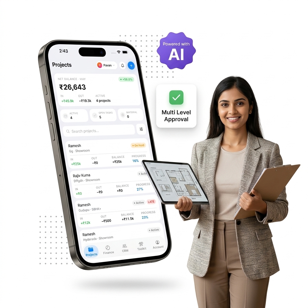 InteriorOS — Projects, CRM, and Finance dashboards on iPhone
