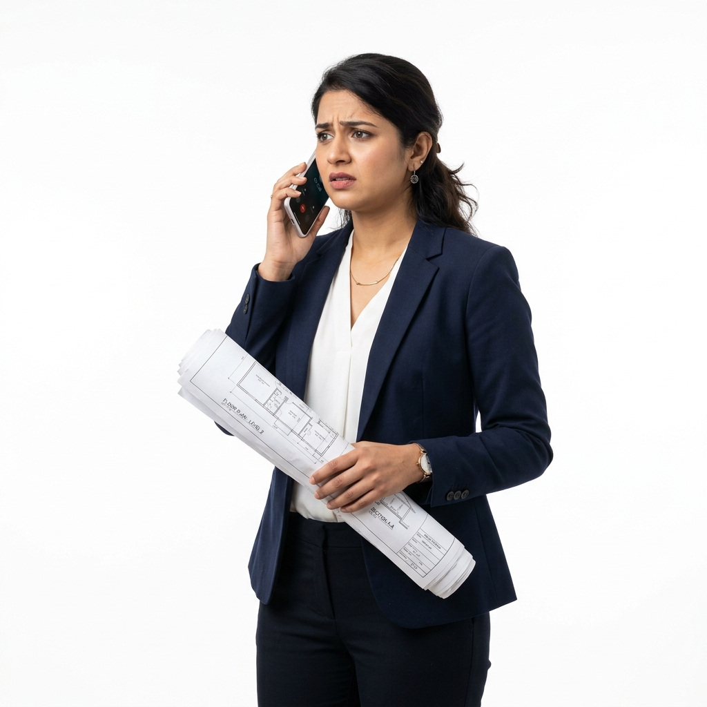 Interior designer calling supervisors for site updates with no visibility