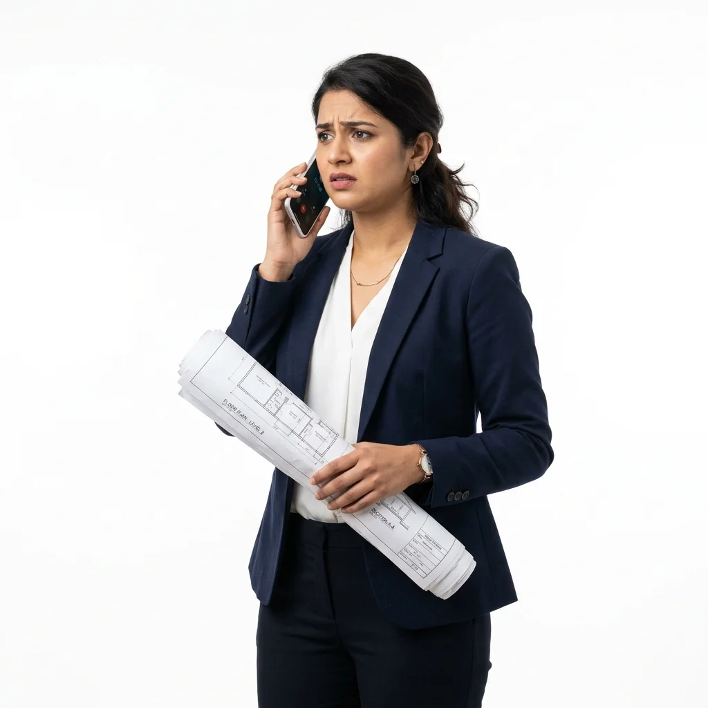 Interior designer calling supervisors for site updates with no visibility