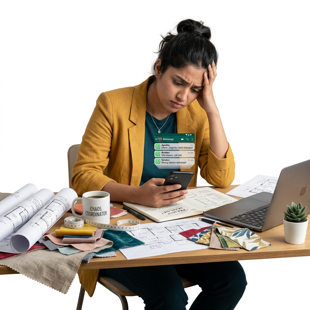 Interior designer stressed by WhatsApp chaos — messages from clients, builders, and vendors